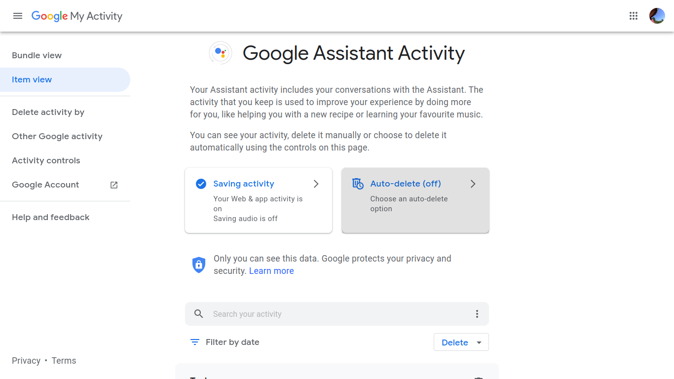 Google Assistant history settings