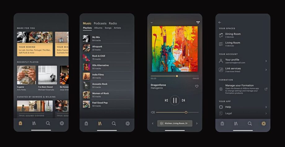 Four screenshots from BW music app, displaying its home screen, playlists screen, player screen and settings screen