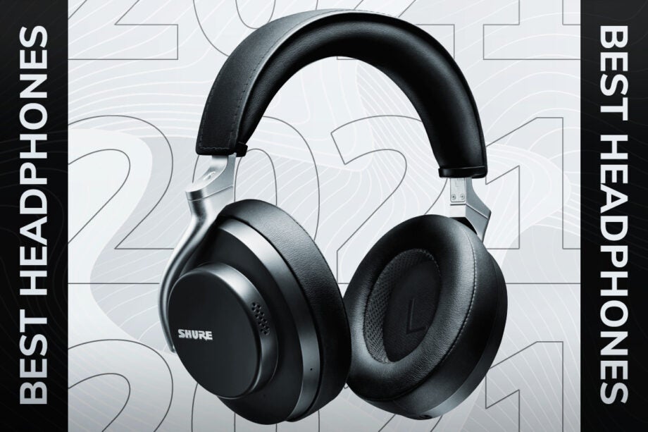 Black and silver Shure headphones floating on white background with best headphones written on either sides