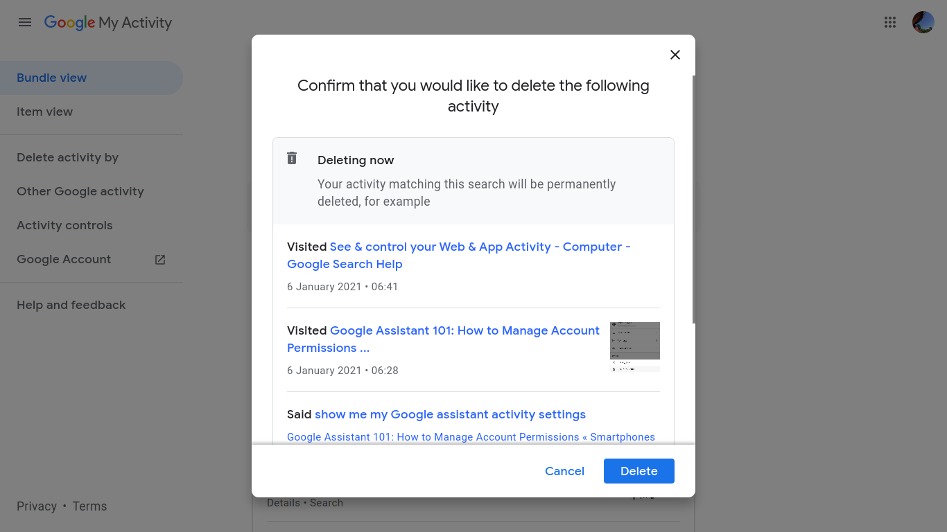 Google Assistant Confirm Deletion