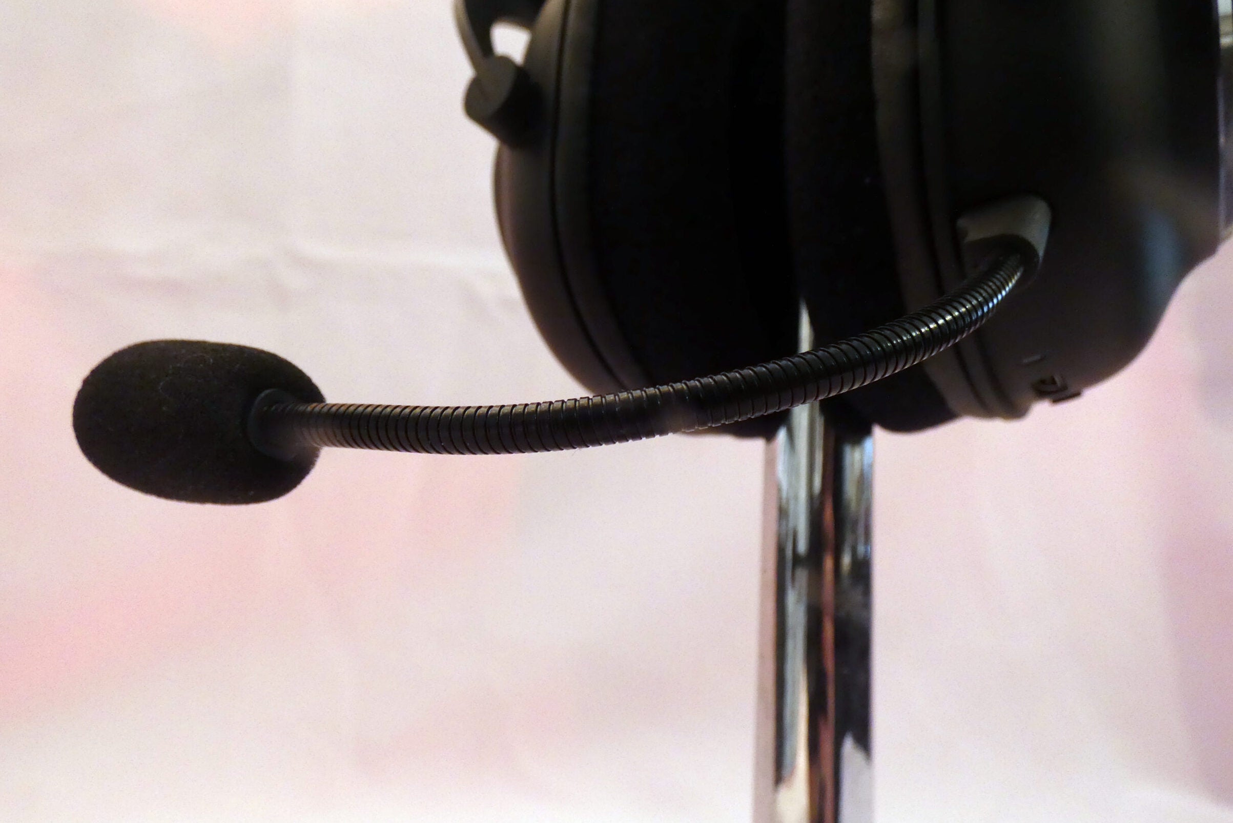 The microphone is arguably the headset's weak point Close up image of a black G-Pro X wireless headphone's mic