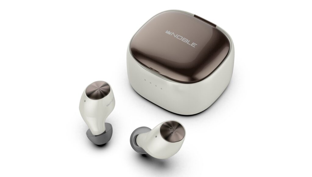 White and brown Noble TWS Falcon 2 earbuds resting on white background with it's case behindBlack-blue Noble TWS Flacon 2 earbuds with it's case behind standing on white background