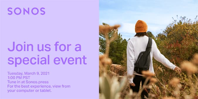 banner featuring Sonos advertising special event with picture featuring casually dressed woman walking in the woods
