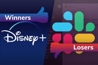 A Disney+ logo on left tagged as winners and a Slack logo on the right tagged as losers