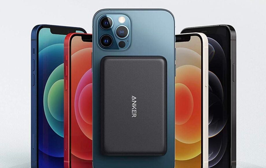 banner showing four deferent color iphone facing each other with a back view of the one in front with its power bank attached