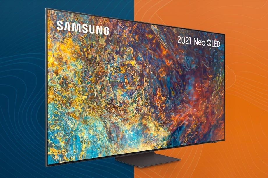 A black Samsung 2021 Neo QLED TV standing on a blue-orange background