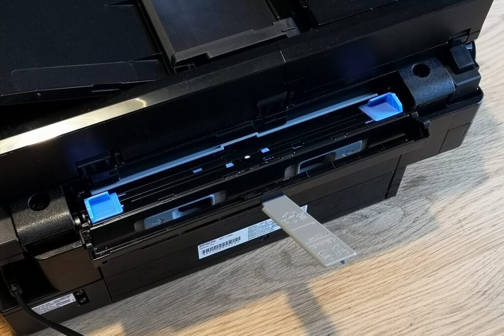 Epson XP-7100Blackck Epson printer back view shwoing  paper tray handle 