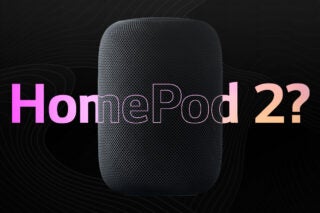 A black Homepod 2 speaker standing on black background with Homepod 2 written on top