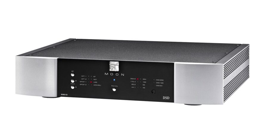 A black and silver Moon 280D streaming DAC standing on white background