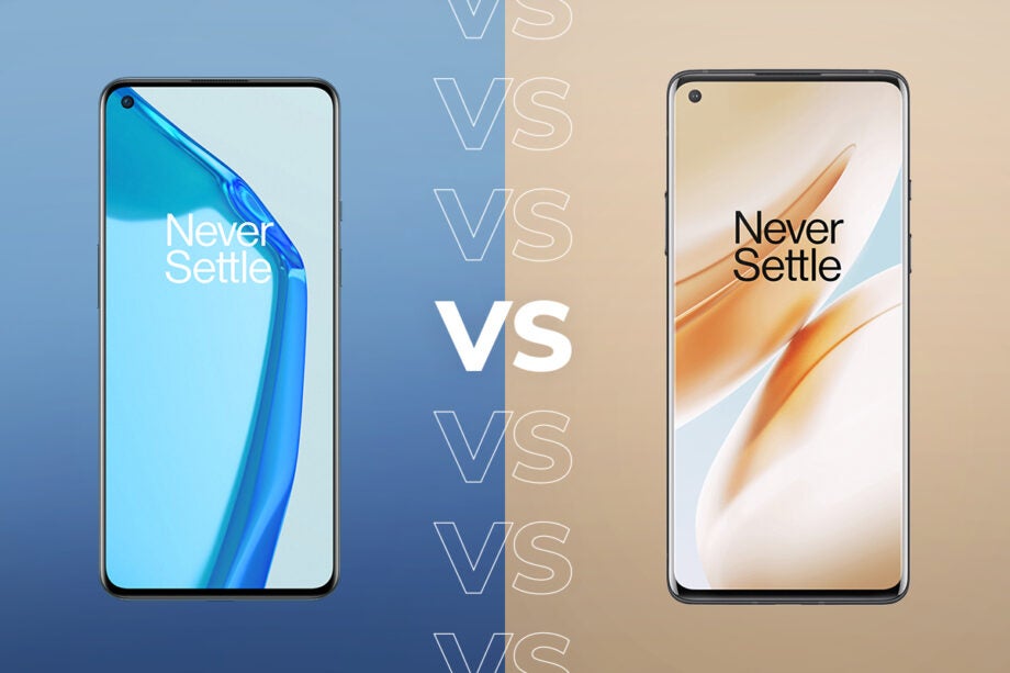 Comparision image between One Plus 9 on blue background and One Plus 8 on cream-brown background