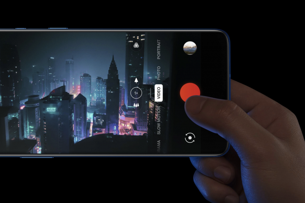 A One Plus 9R held horizontally, live video recording