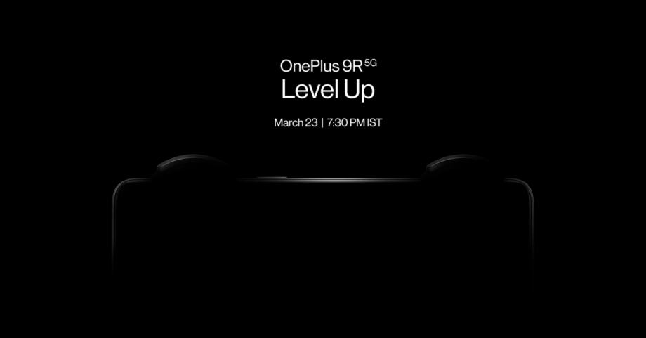 Picture from the teaser of One Plus 9R 5G smartphone, mostly black with white text