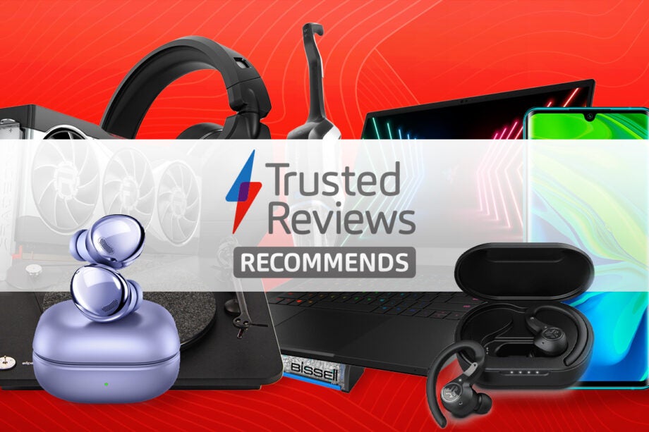 A banner with red background, electronic devices and accessories on left and right with Trusted reviews recommneds  written at the center on white strip