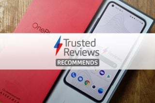 A One Plus smartphone resting in it's box with Trusted reviews recommends label on top