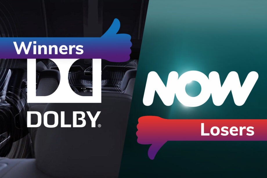 A Dolby logo on left tagged as winners and a NOW logo on the right tagged as losers