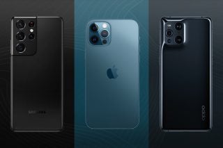 A Samsung, an iPhone and an Oppo phone standing on different blue-black backgrounds