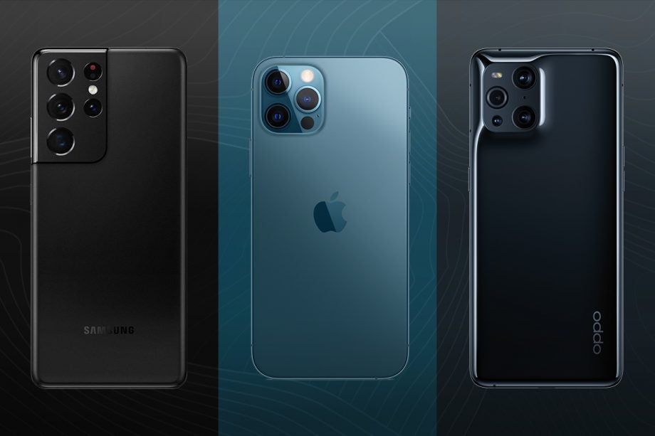 A Samsung, an iPhone and an Oppo phone standing on different blue-black backgrounds