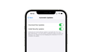iOS 14.5 security updatesAn iPhone displaying Automatic updates settings on a white background