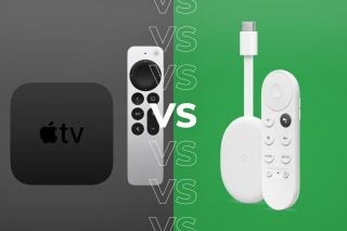 Comparision image between black Apple TV with white remote and white Chromecast with white remote