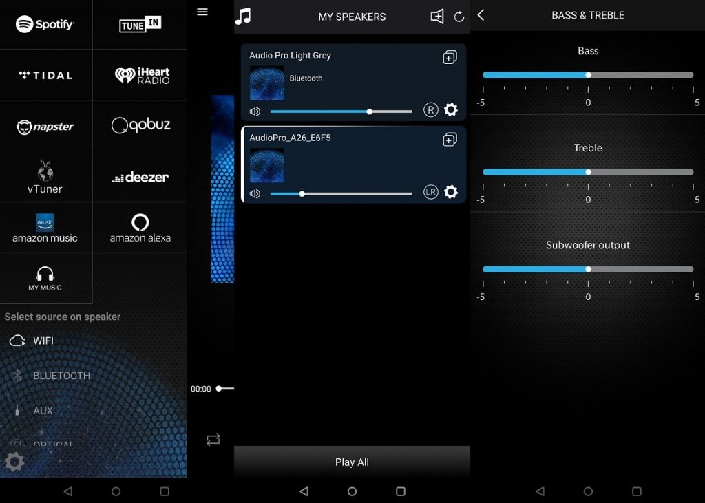 Three screens displaying sources for speakers, audio settings, and bass and tremor settings