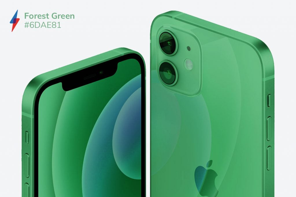Front and back side top half view of dark green colored iPhone on a white background