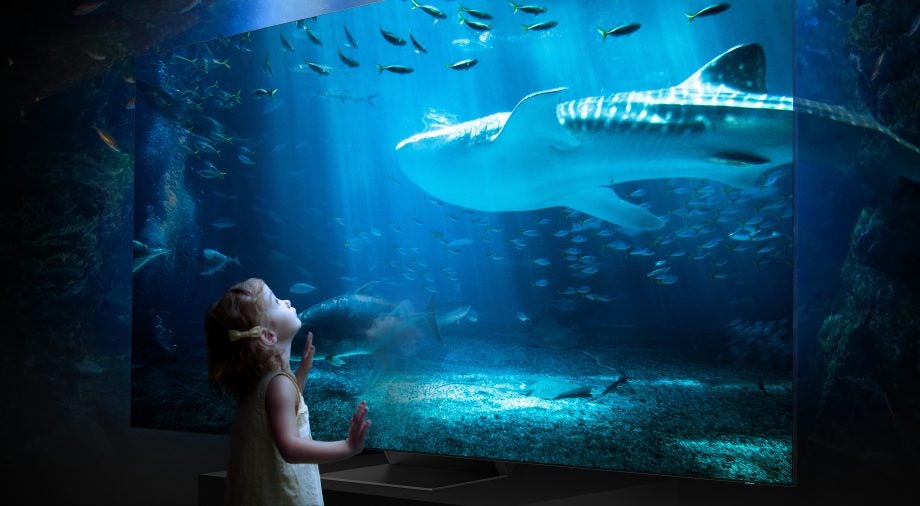 A TV displaying a number of small fishes and a big fish swimming underwater, standing in front of an aquarium, a little girl touching and looking at the TV