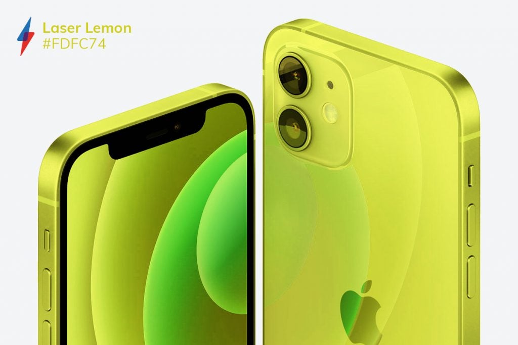 Front and back side top half view of greenish lemon colored iPhone on a white background