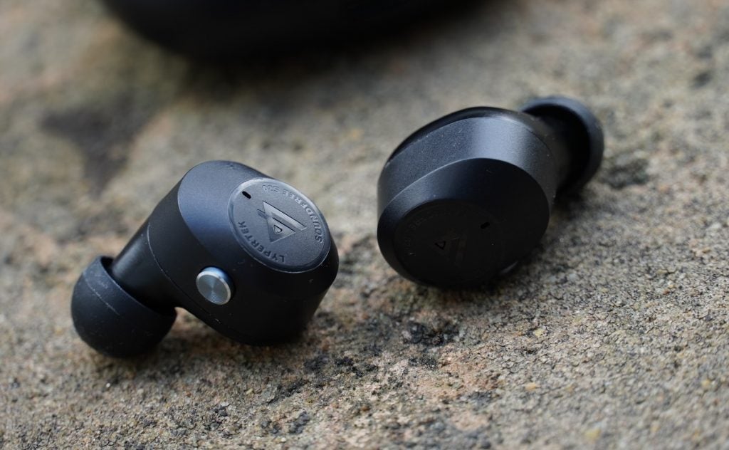 Silver and black Lypertek SoundFree S20 earbud's front and back panels view