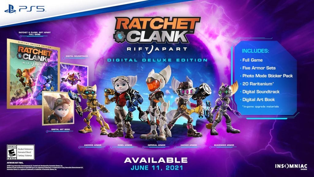 A thumbnail of a PS5 game named Ratchet and Clank, drift apart, with multiple bunny characters in different skins standing on a purple background, available from date printed at bottomA picture of a scene from a game called Ratchet Clank, Rift Apart