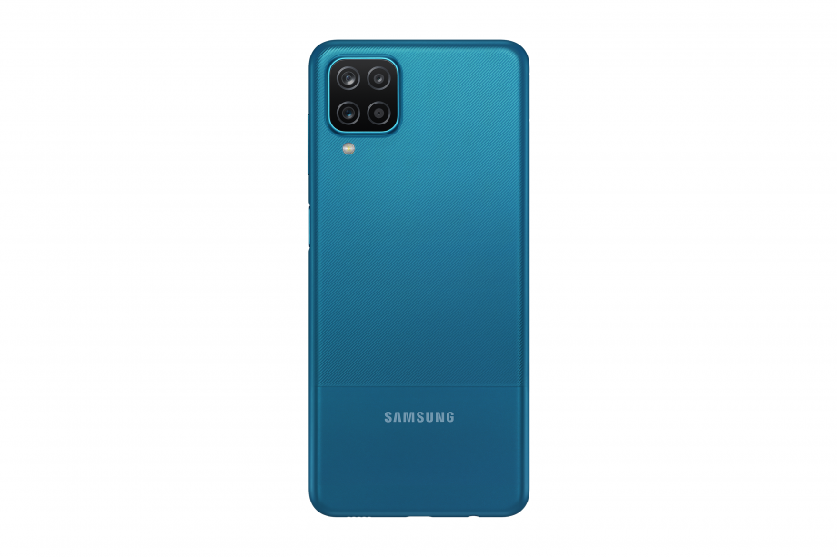 Back panel of a blue Samsung Galaxy M12 standing on a white background