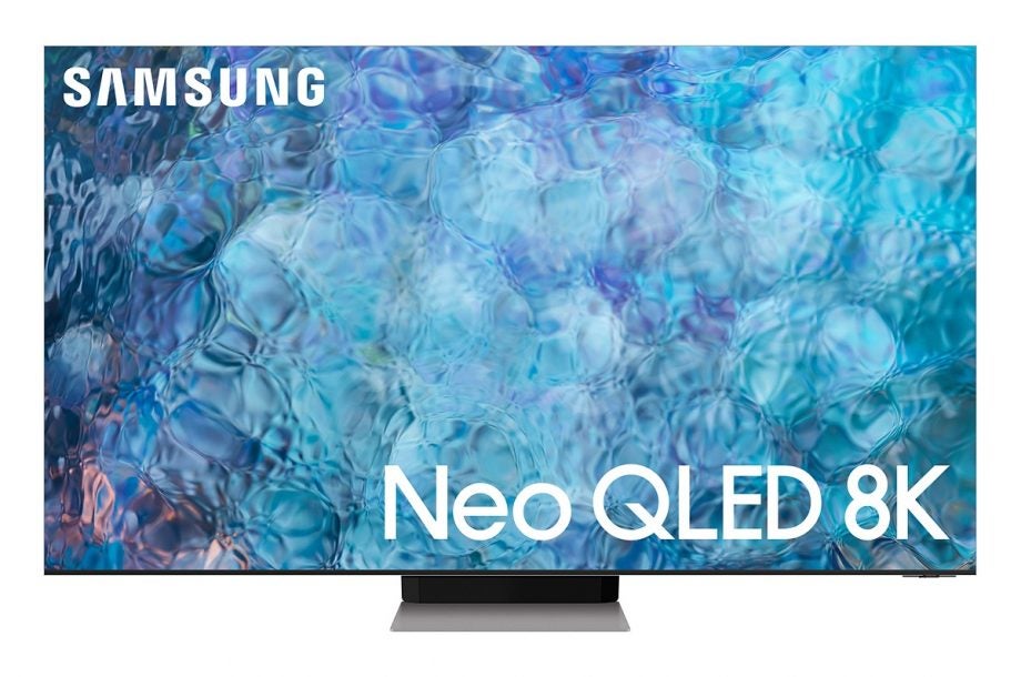 A black Samsung QN900A TV standing on a white background