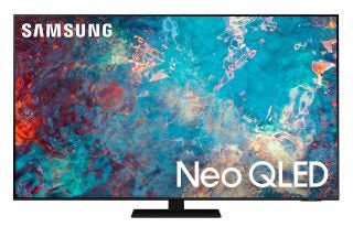 A black Samsung QN65QN85 TV standing on a white background