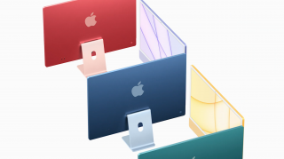 Red, blue and green colored iMacs standing on a white background, front and back panel of each one is visible