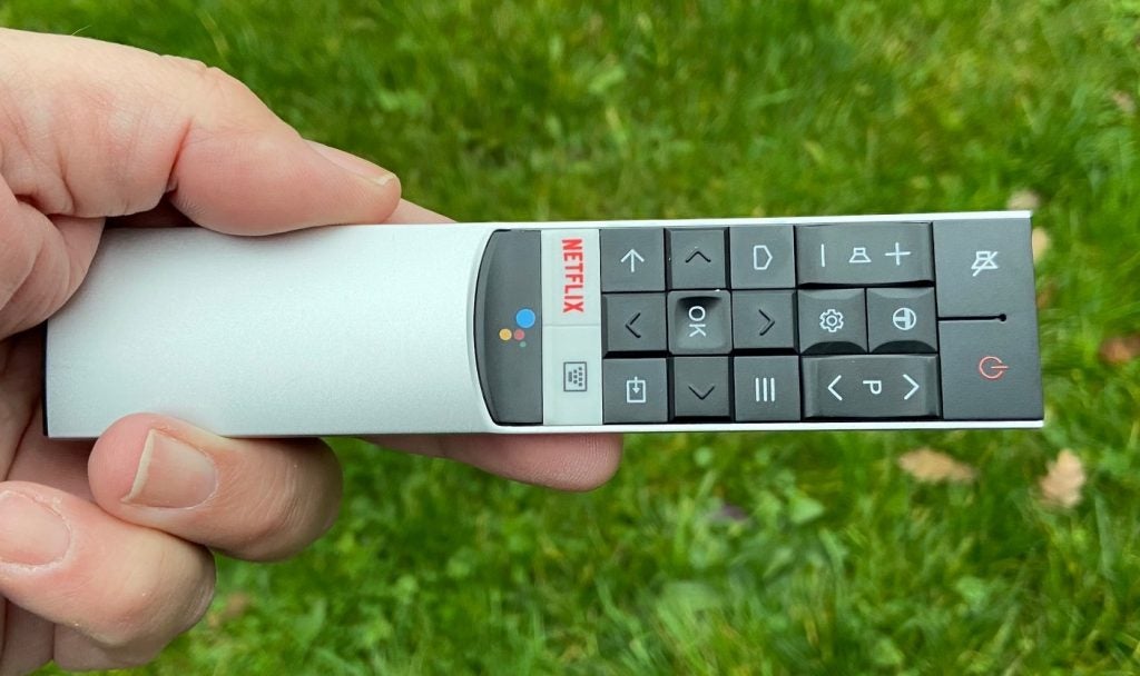 The TCL 65C815K ships with two remotes. This is the 'smart' one.TCL TVs white remote