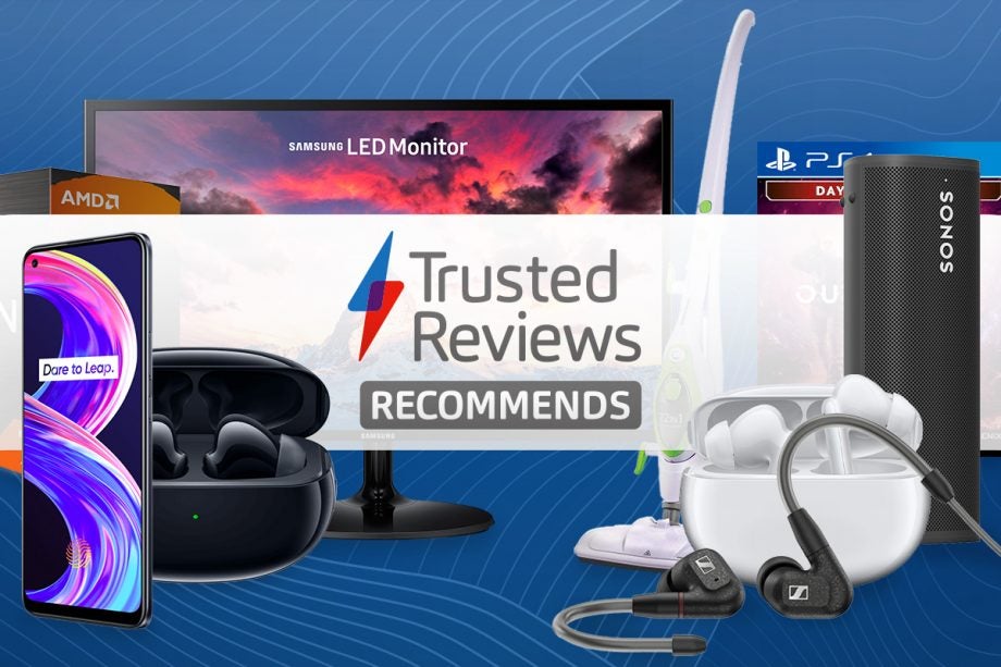 A banner with blue background, electronic devices and accessories on left and right with Trusted reviews recommneds  written at the center on white strip