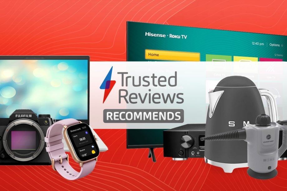 A banner with red background, electronic devices and accessories on left and right with Trusted reviews recommneds  written at the center on white strip