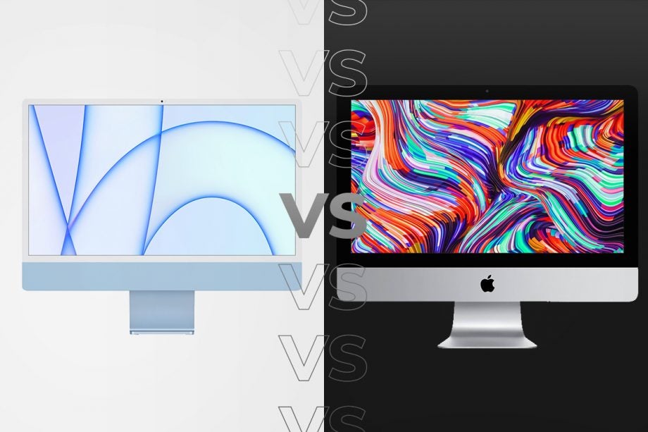 Comparision image of a white iMac 2021 on a white background and a iMac 2019 21.5 inches on a black background