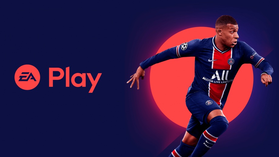 An image with EA Play red logo on left, a FIFA 2021 player in blue red outfit running towrds right with a red circle on the back, all on a dark blue background