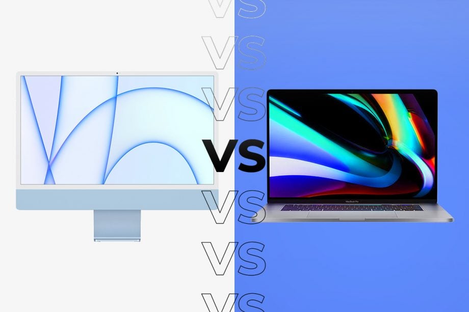 Comparision image of a white iMac 2021 on a white background and a Macbook Pro 16 inches on a blue background