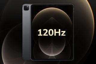 A gray iPad Pro's front and back panel view with 120 HZ displayed on screen
