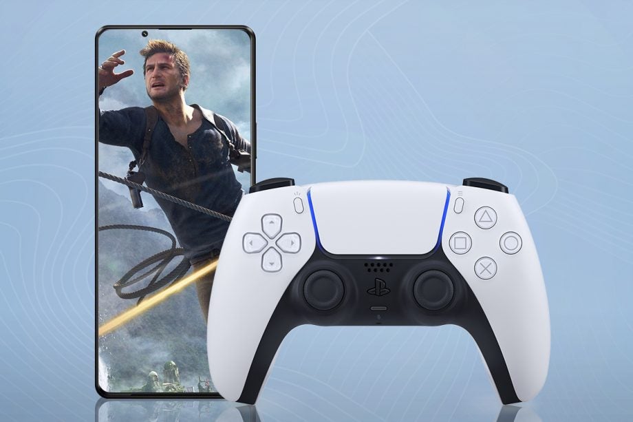 An Xperia 1-III with white PS5 controller standing on a light blue background