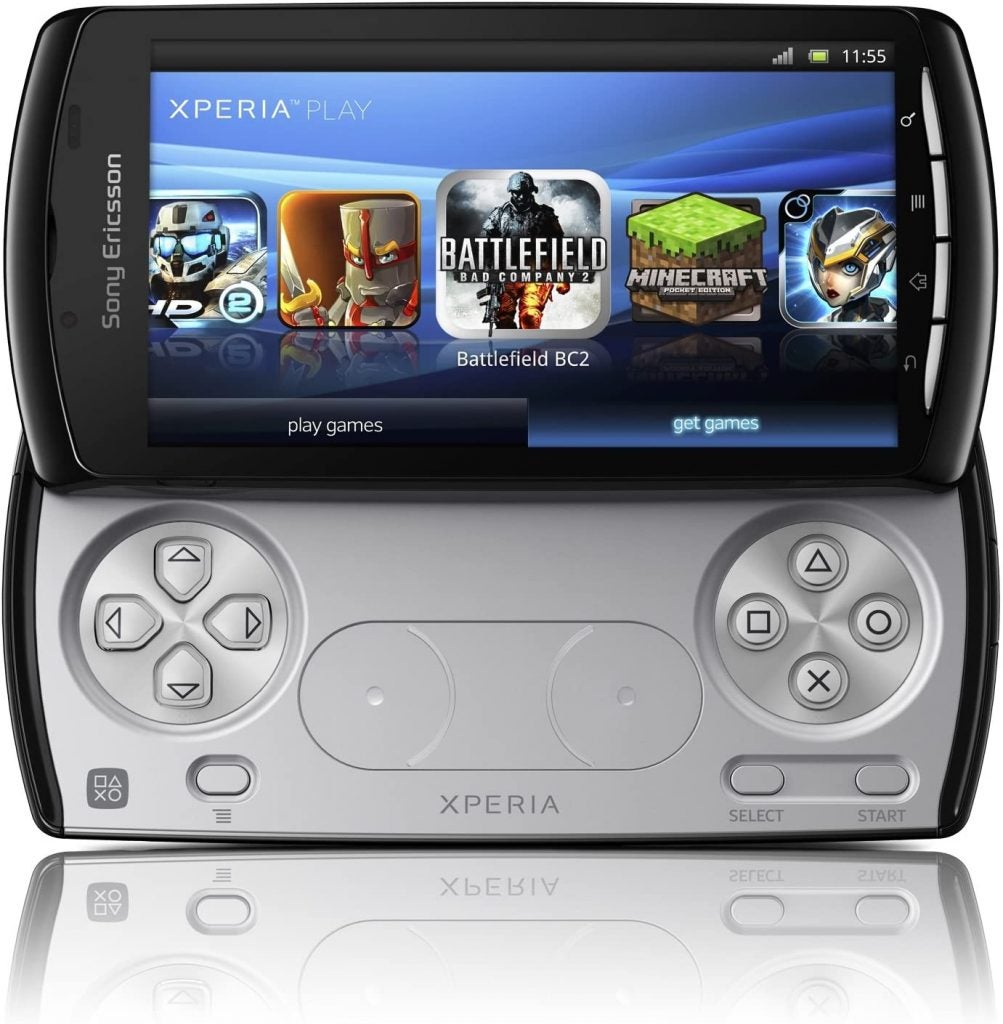 Black and silver Xperia Play gaming console standing on a white background