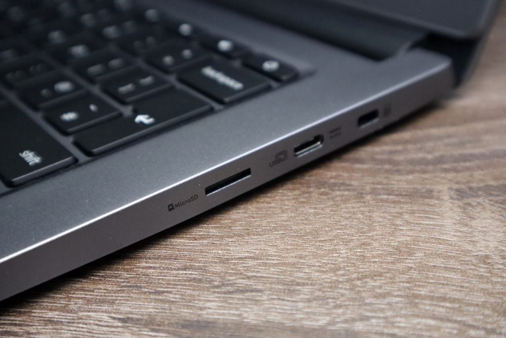 MicroSD and USB-C ports on the laptop's right side