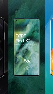 Three Oppo finds X2 smartphones, one center phone displaying abstract wallpaper with device name on top, and other visible only half on the left and right