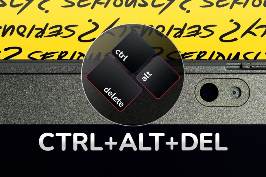 An image with a yellow background with text written in black on top of it on the top, a laptop's camera section in the middle, CTRL+ALT+DEL written in white on black background at bottom, and top of all this is a circle with ctrl, alt and del keys