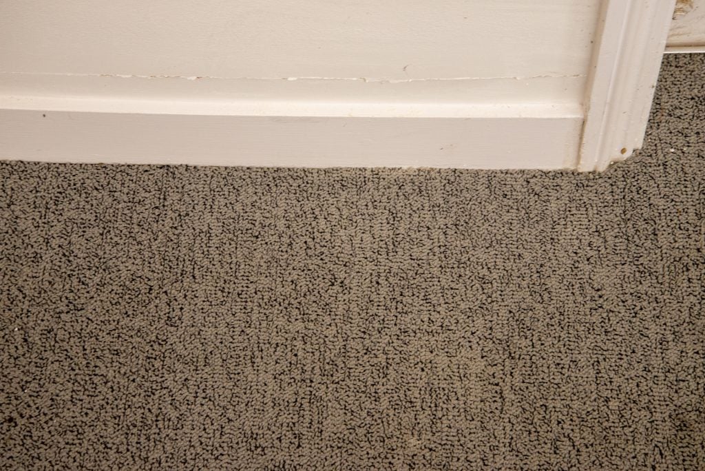 Close up image of the bottom of wall with rough surface carpet laid attached to it on the floor