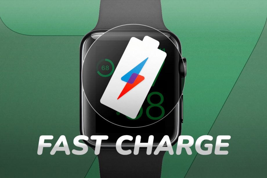 A black watch on a dark green background with Fast charge icon on top and fast charge text below it