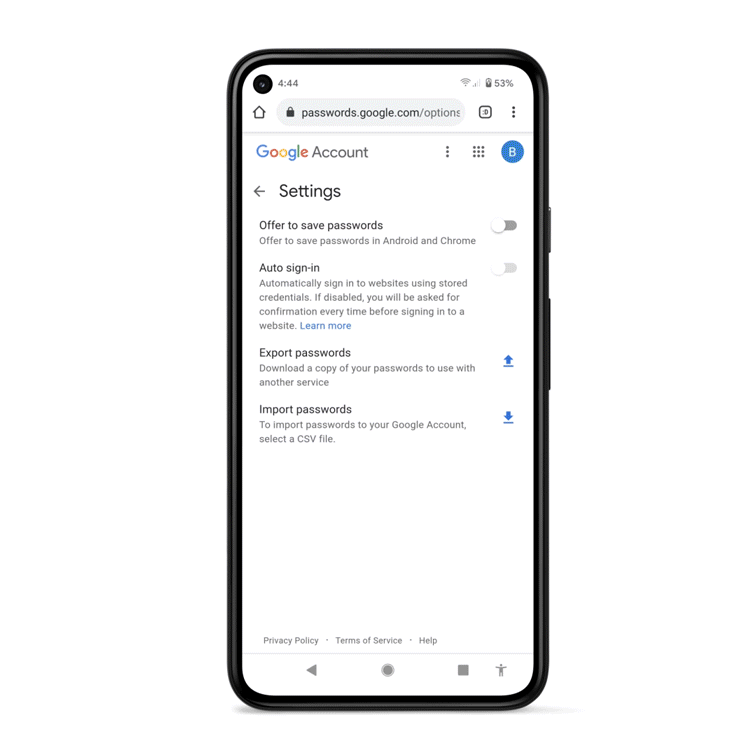 A GIF consisting of a smartphone explaining how to import passwords on your Google account, go to google account settings, click import passwords, select a csv file from file manager, click import