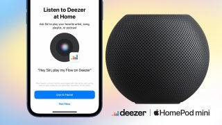 An iPhone on the left displaying screen to listen to Deezer at home and use now and not now buttons below, black Apple homepod mini Deezer on the right