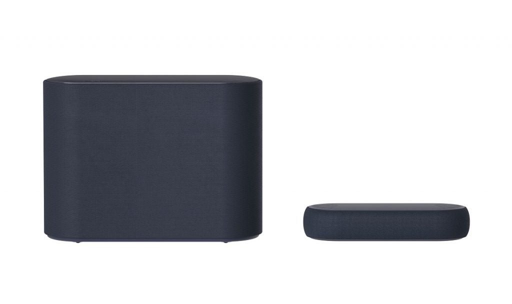 A big and small LG éclair QP5 speaker on a white background